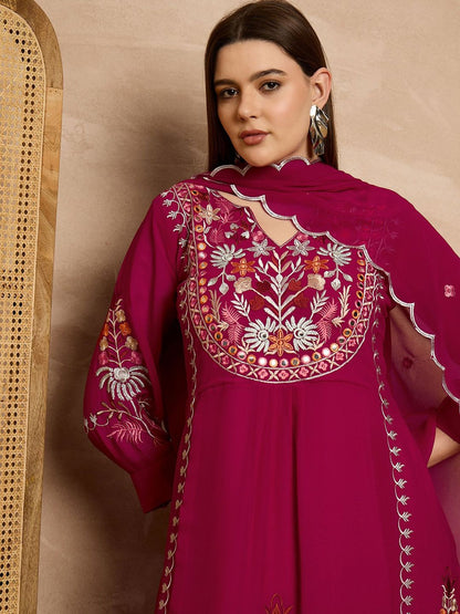 Dhiyona KL Floral Embroidered Thread Work Kurta with Palazzos & Dupatta