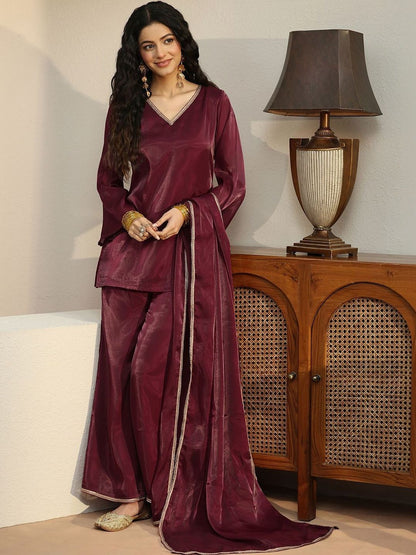 Libas Maroon Solid Tissue Palazzo Suit Set