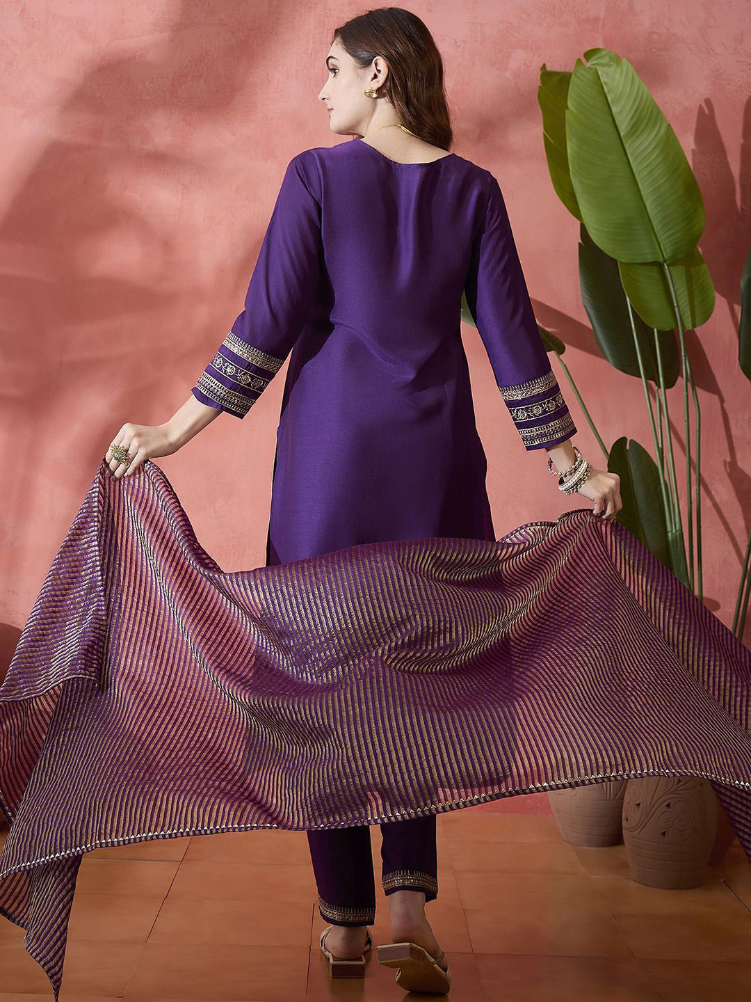Purple Floral Embroidered Round Neck Straight Kurta With Trouser And Dupatta