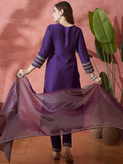 Purple Floral Embroidered Round Neck Straight Kurta With Trouser And Dupatta