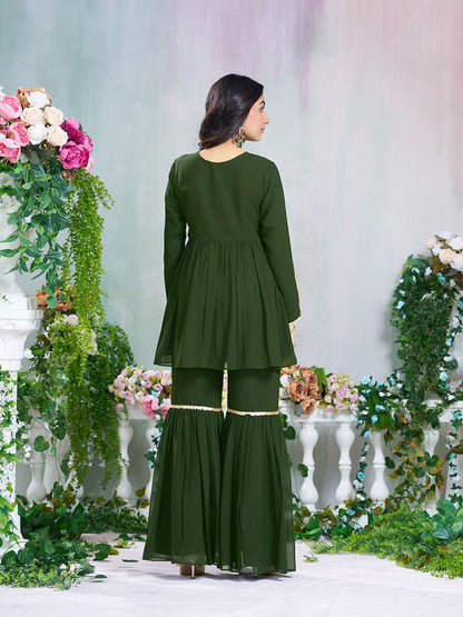 Dhiyona CH Floral Embroidered Pleated A-Line Georgette Embroidered Kurta With Sharara