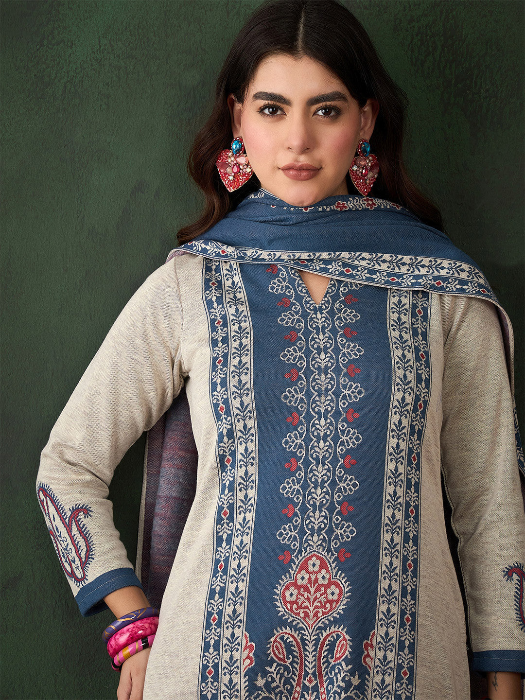 Floral Woven Design Winter Kurta & Trousers With Dupatta