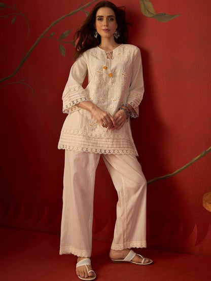 Cream schiffli embroidered cotton tunic and pants