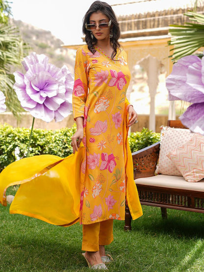 Dhiyona KL Floral Printed V-Neck Thread Work Straight Kurta With Trousers & Dupatta