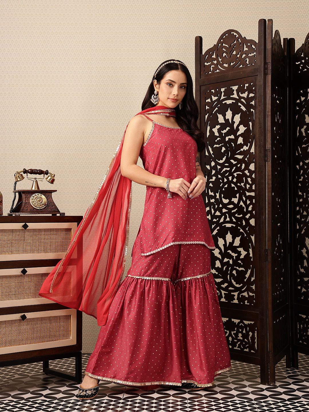 Dhiyona HOP Polka Dotted Sequinned Jashn Kurti with Sharara & With Dupatta