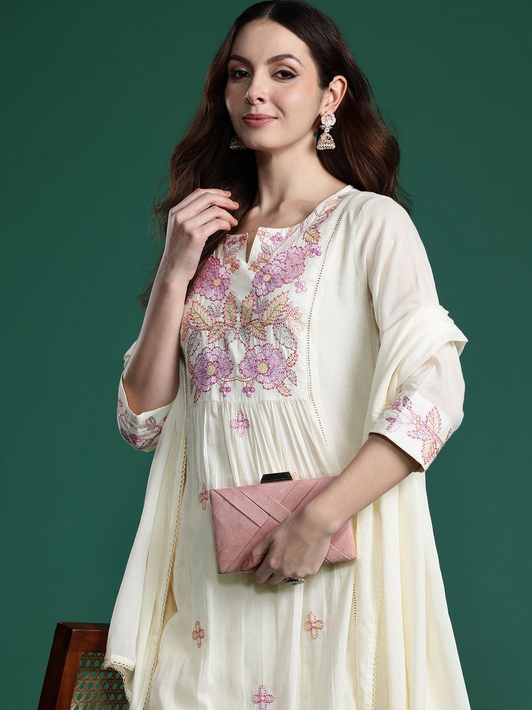 Dhiyona IE Floral Embroidered Panelled Thread Work Pure Cotton Kurta with Trousers & Dupatta