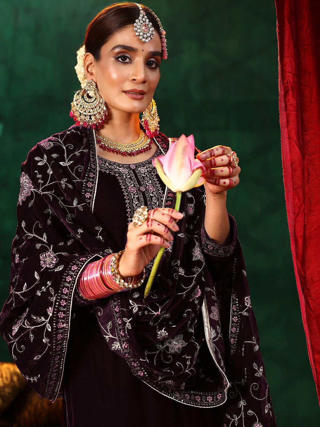 Floral Yoke Design Sequinned Velvet Straight Kurta with Trousers & With Dupatta