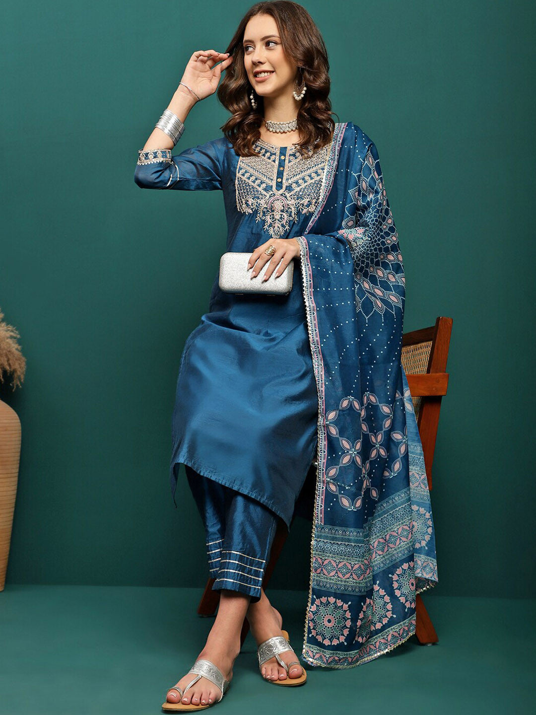 Embroidered Round Neck Straight Kurta With Trousers & Dupatta