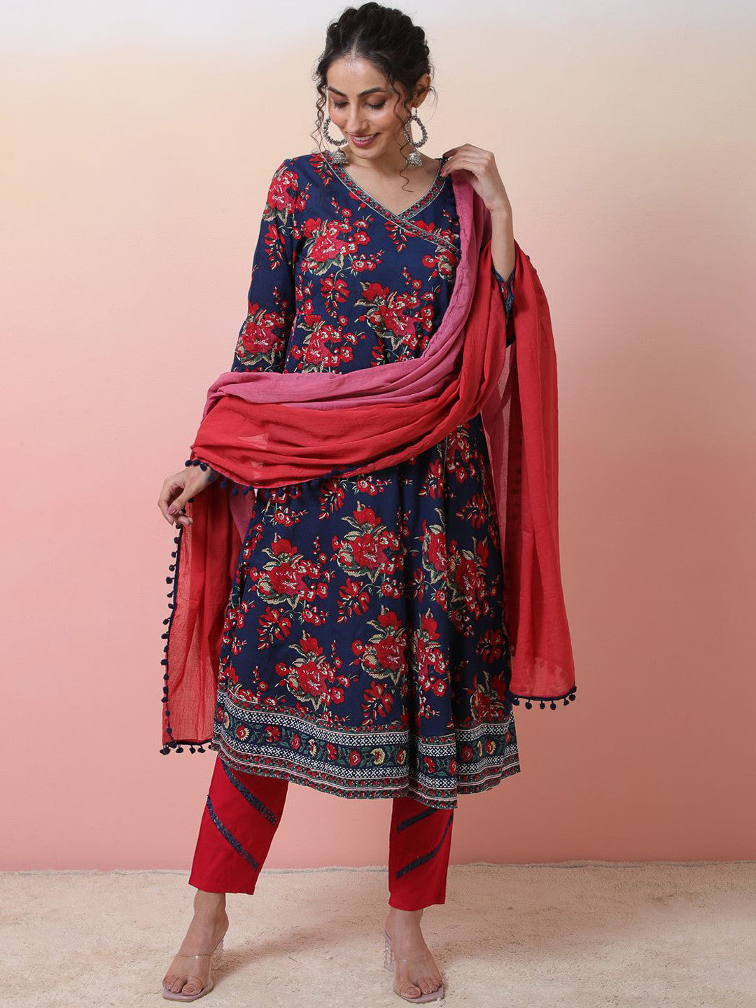 Blue Printed Angrakha V-Neck Pure Cotton Anarkali Kurta With Trousers & Dupatta