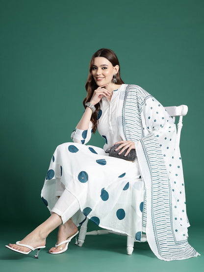 Dhiyona IE Printed Panelled Sequinned Pure Cotton Kurta with Trousers & With Dupatta