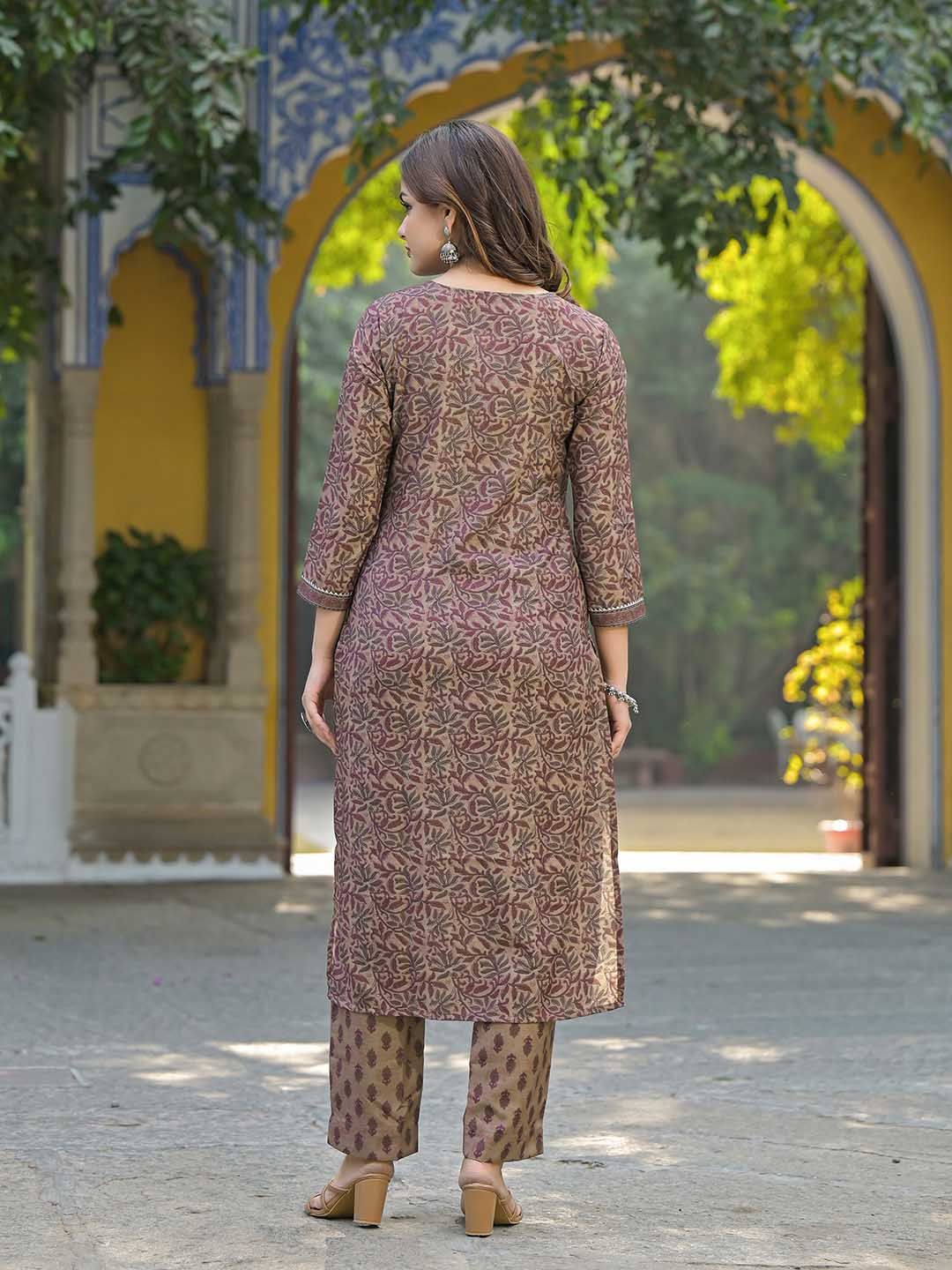 Dhiyona KL Floral Printed V Neck Gotta Patti Straight Kurta With Trousers & Dupatta