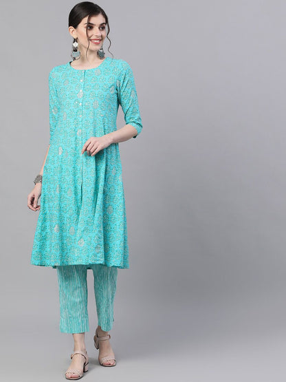 Dhiyona IS Women's Women Blue Printed Kurta with Trousers
