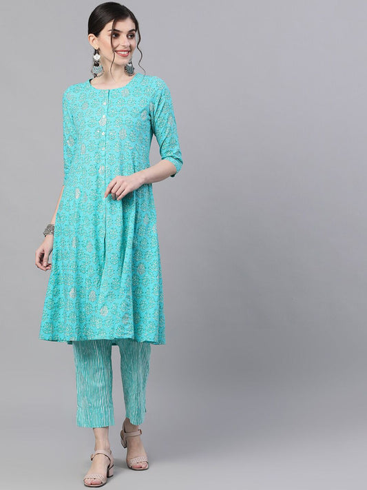 Dhiyona IS Women's Women Blue Printed Kurta with Trousers