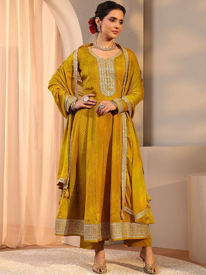 Mustard Embroidered Chiffon Anarkali Suit Set With Dupatta