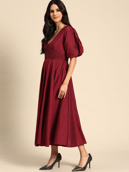 Dhiyona AY Women's Maroon Solid Balloon Sleeves Midi Dress