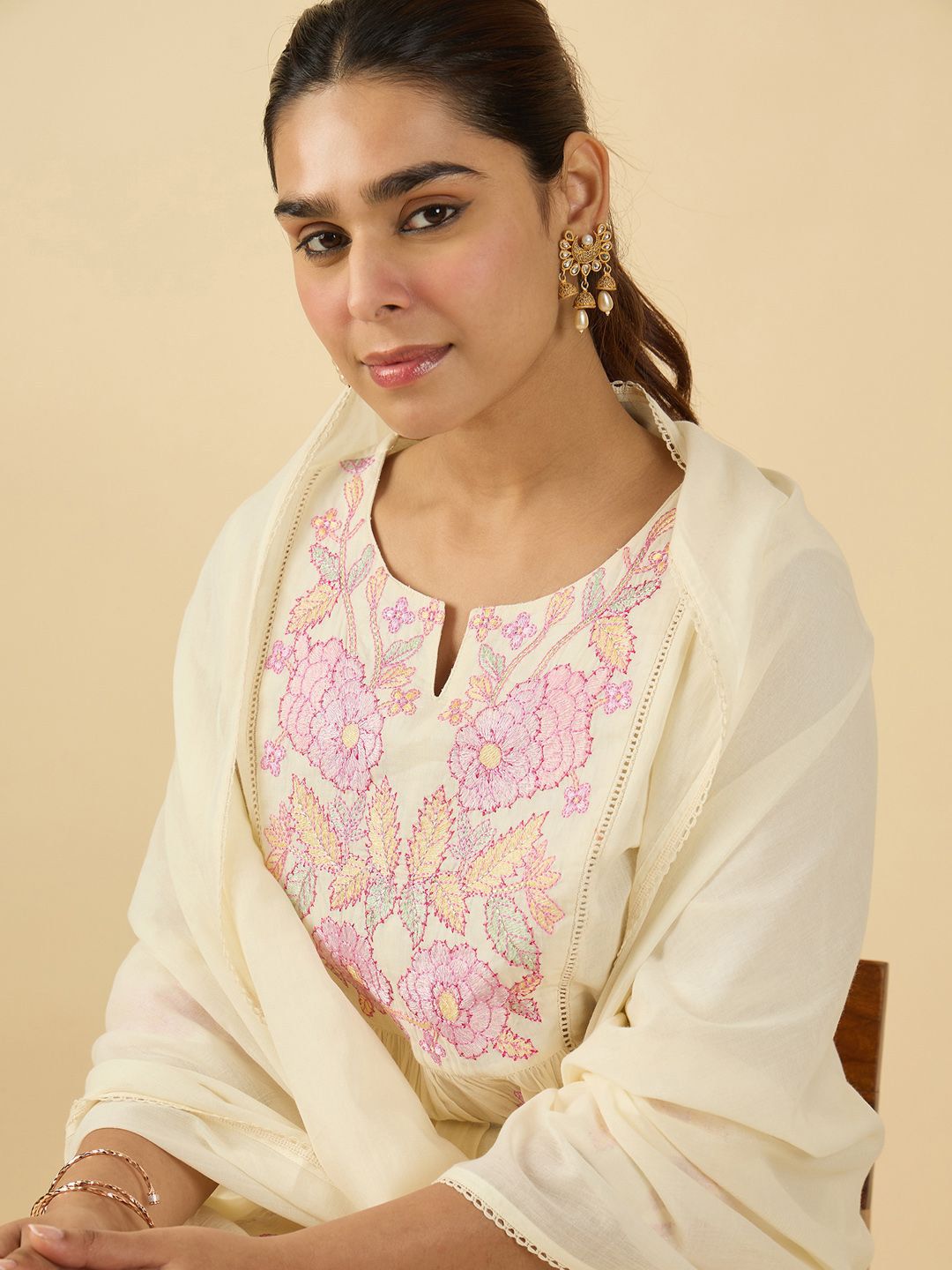 Dhiyona IE Floral Embroidered Notch Neck Pure Cotton A-Line Kurta & Trousers With Dupatta