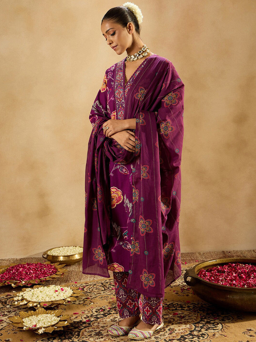Burgundy Floral Printed V-Neck Sequinned Pure Cotton Straight Kurta Set