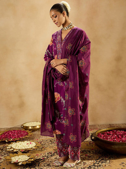 Burgundy Floral Printed V-Neck Sequinned Pure Cotton Straight Kurta Set