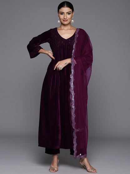 Women Floral Embroidered Regular Sequinned Velvet Kurta with Trousers & With Dupatta