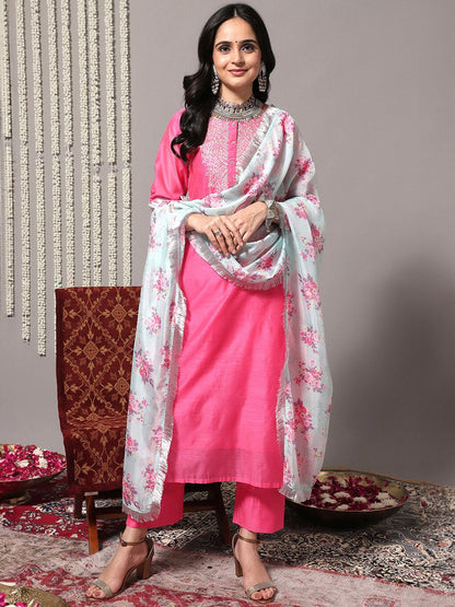 Dhiyona VA Women'sFloral Embroidered Chanderi Silk Straight Kurta With Trousers & Dupatta