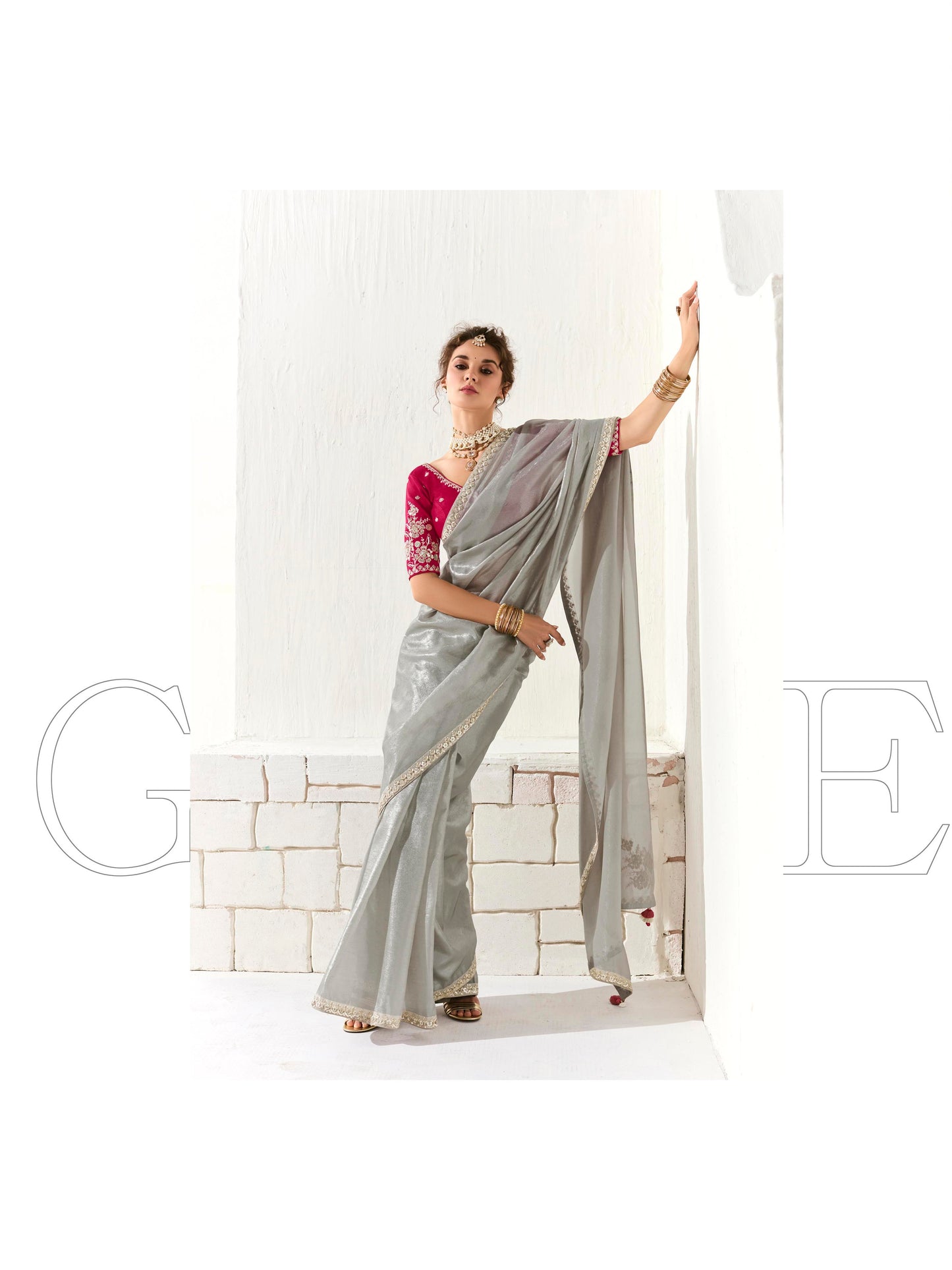 Dhiyona KM Women Elegant Grey Silk Organza Saree With Red Blouse “ Inspired By Shadows & Fire