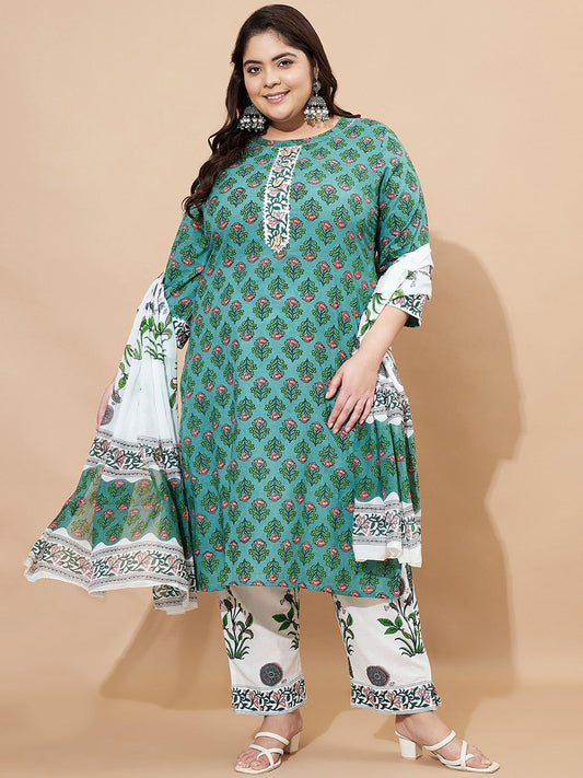 Dhiyona KL Floral Printed Pure Cotton Straight Kurta With Palazzos And Dupatta