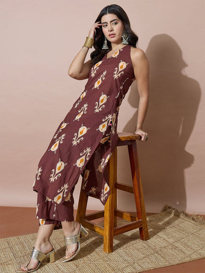 Brown Women Floral Printed Regular Kurta with Palazzos