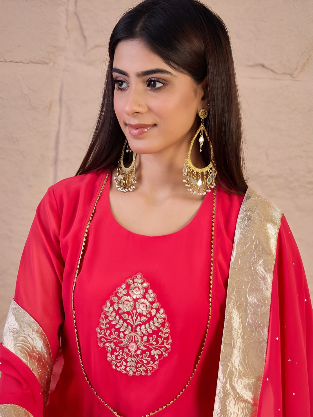 Dhiyona IN Floral Embroidered Zari Georgette Anarkali Kurta With Palazzos & Dupatta
