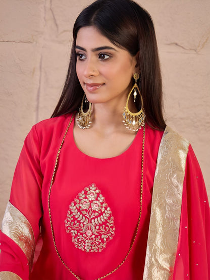 Dhiyona IN Floral Embroidered Zari Georgette Anarkali Kurta With Palazzos & Dupatta