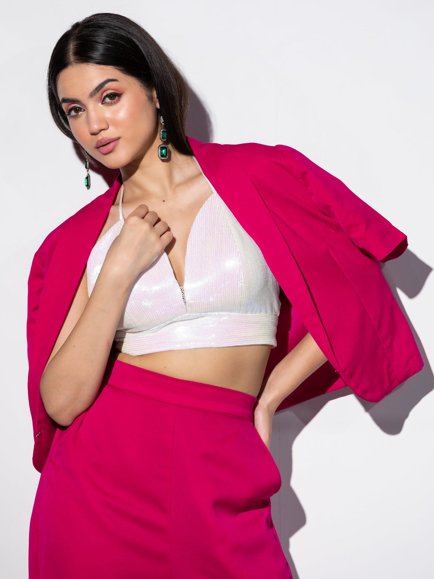 Dhiyona ST Women's Pink Bell Pant Set with Sequin Blouse and Jacket 3 Piece Set | Straight Fit, V Neck, Sleeveless, Pants, Casual Wear, Partywear, (Sequin)
