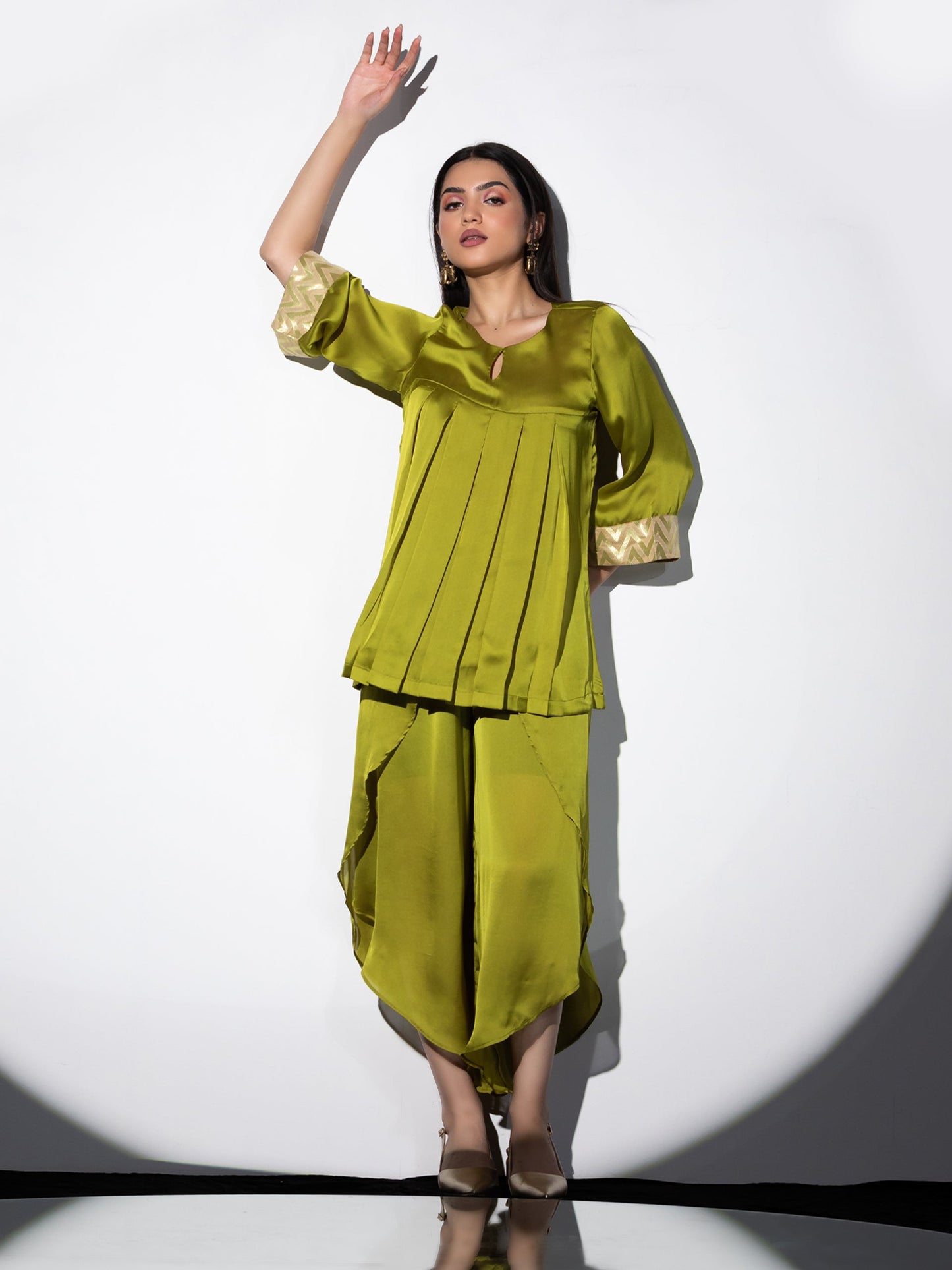 Dhiyona ST Women's Lime Green Satin Kurta with Pleated Front and Inner Brocade Cuff 1 Piece | Straight Fit, Round Neck, 3/4 Sleeves, Festive Wear, (Satin)