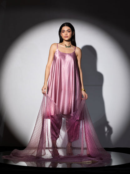 Dhiyona ST Women's Pink Stripe Satin Dress Set with Pants and Organza Sparkle Dupatta with Lace 3 Piece Set | Straight Fit, Round Neck, Sleeveless, Pants, Festive Wear, (Satin)
