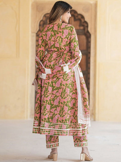 Dhiyona KL Floral Embroidered Gotta Patti Angrakha Pure Cotton Kurta with Trousers & Dupatta