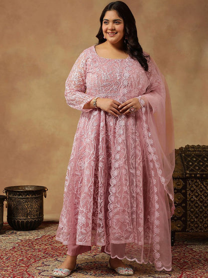 Dhiyona IN Floral Embroidered Regular Thread Work Anarkali Kurta With Trousers & Dupatta