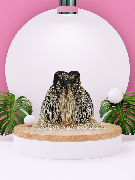 Dhiyona NR Black & Gold-Toned Embellished Tasselled Potli Clutch