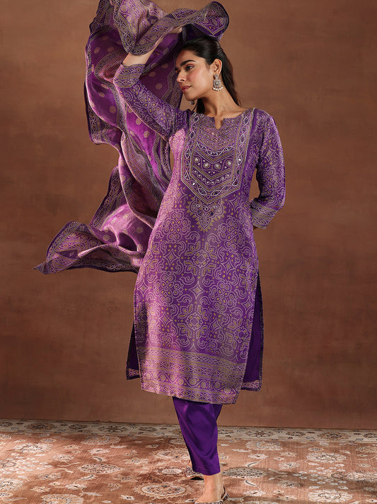 Purple and Yellow Bandhani Printed Sequinned Straight Kurta with Trouser & Dupatta