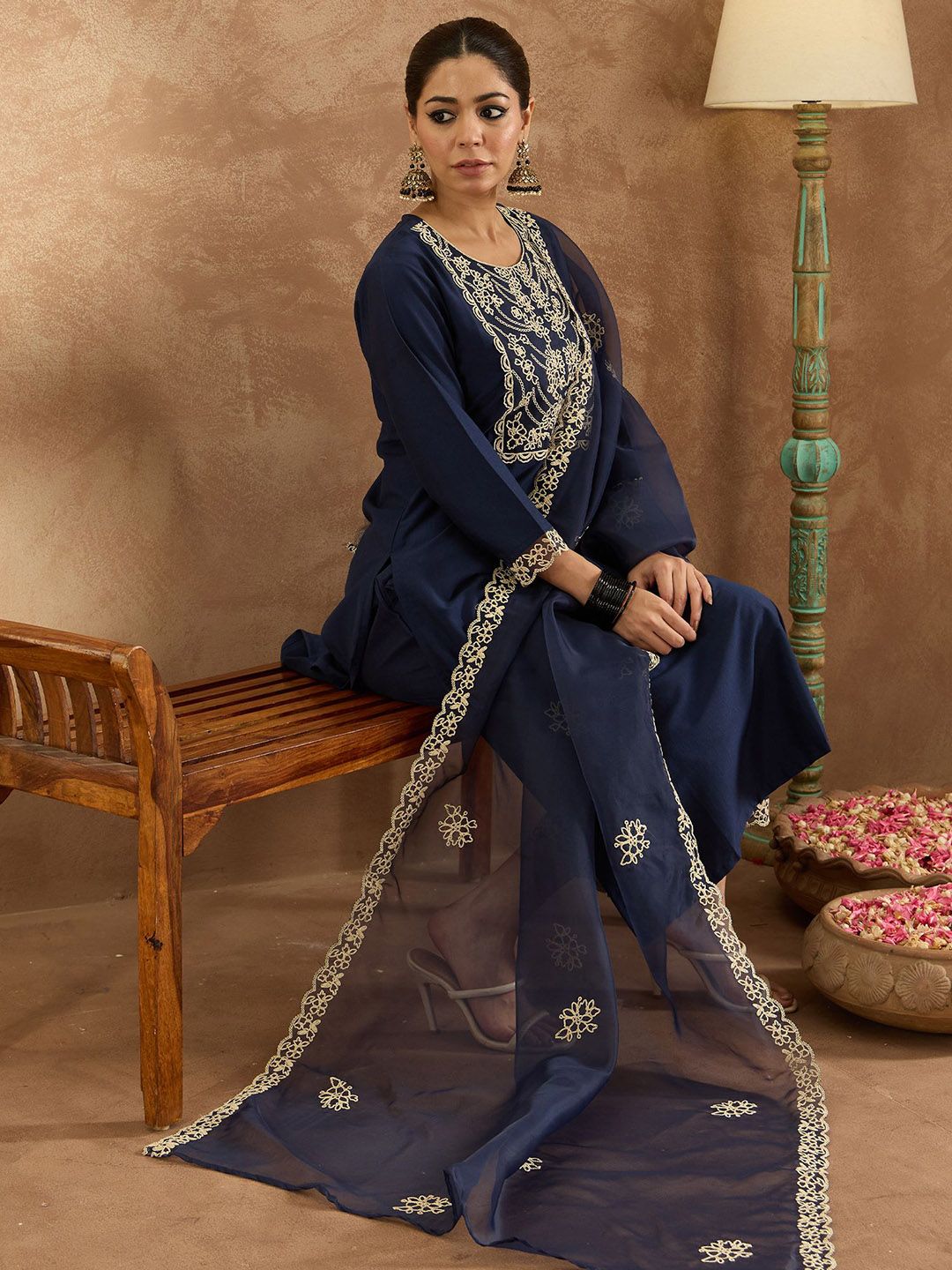 Dhiyona IE Floral Yoke Design Round Neck Straight Kurta With Trousers & Dupatta