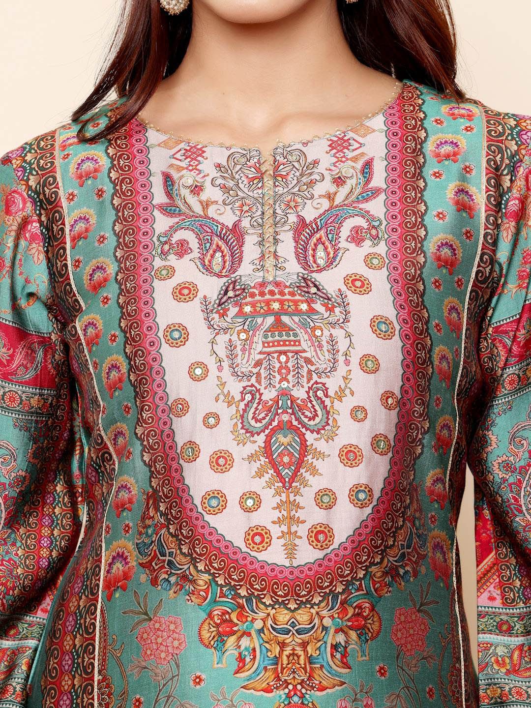 Turquoise Blue Ethnic Motifs Printed Chanderi Silk Tunic With Trousers