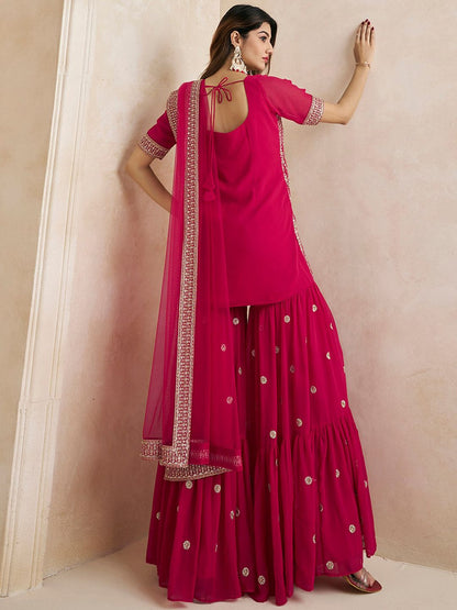 Dhiyona IN Magenta Floral Embroidered Straight Kurti & Sharara With Dupatta