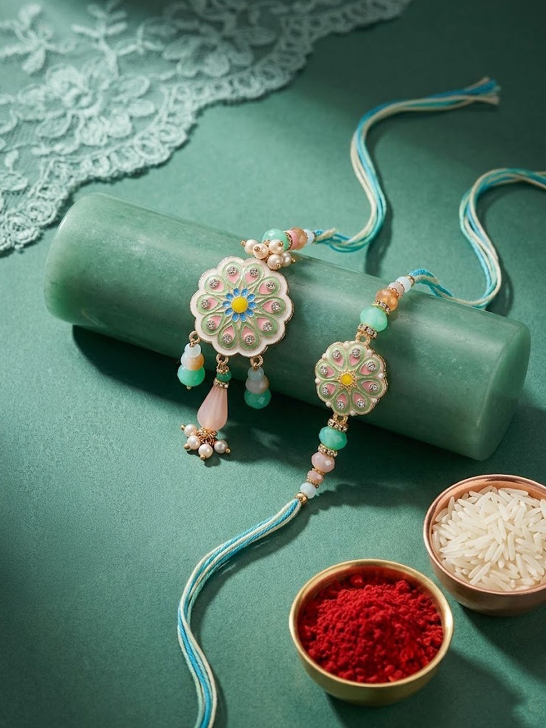 Dhiyona Set Of 2 Round Artificial Beads Traditional Bhaiya Bhabhi Rakhi With Roli Chawal