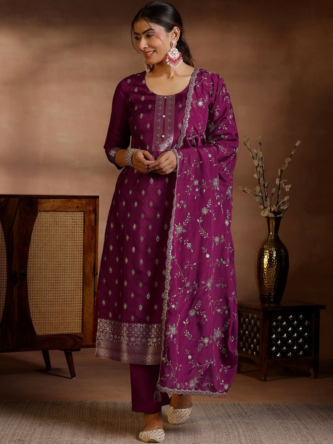 Women Ethnic Motifs Regular Kurta with Trousers & With Dupatta