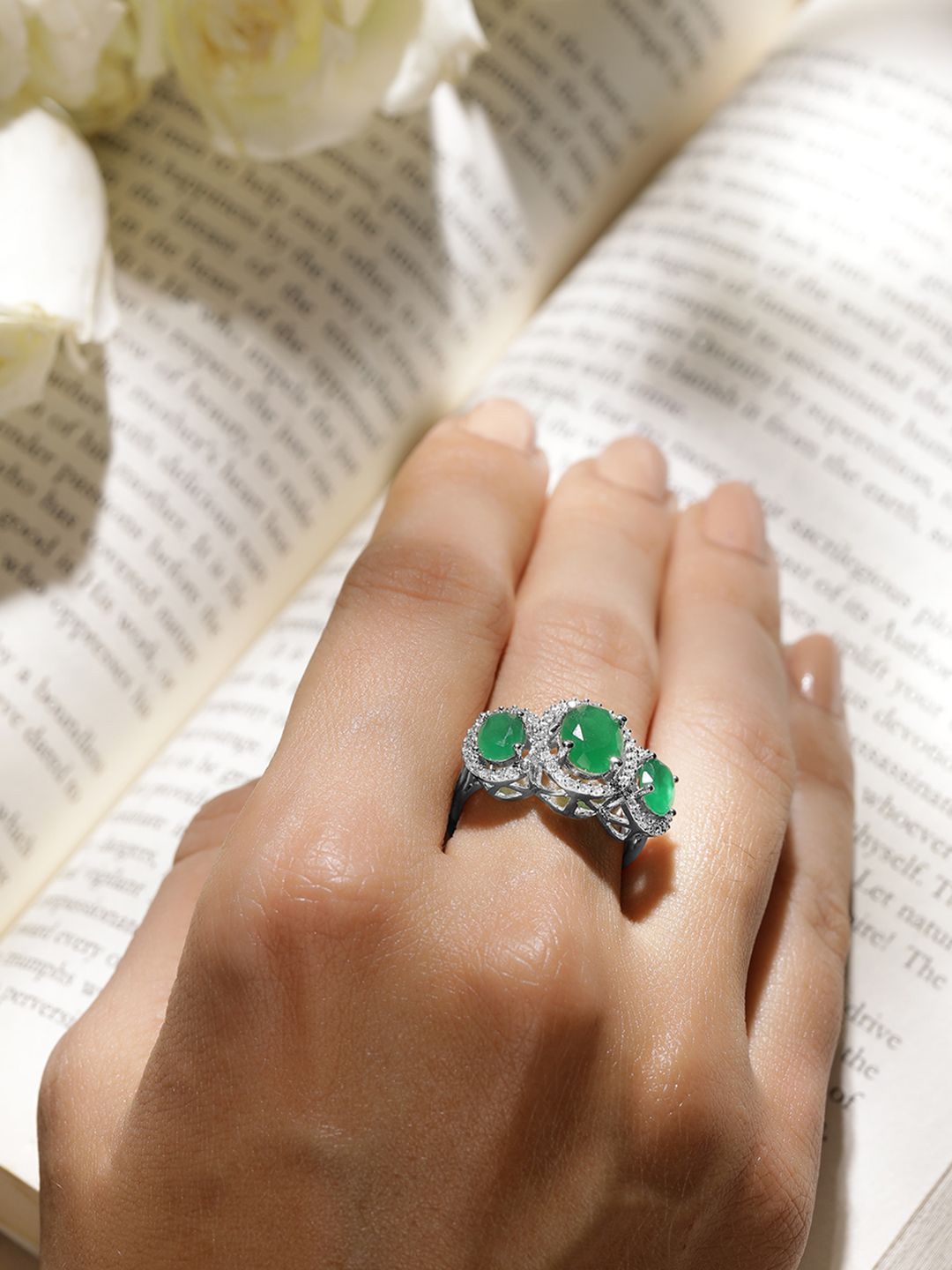 Dhiyona RJ Women's Rhodium-Plated Emerald Green & Cubic Zirconia Studded Adjustable Finger Ring