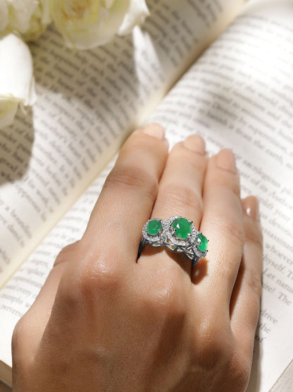 Dhiyona RJ Women's Rhodium-Plated Emerald Green & Cubic Zirconia Studded Adjustable Finger Ring