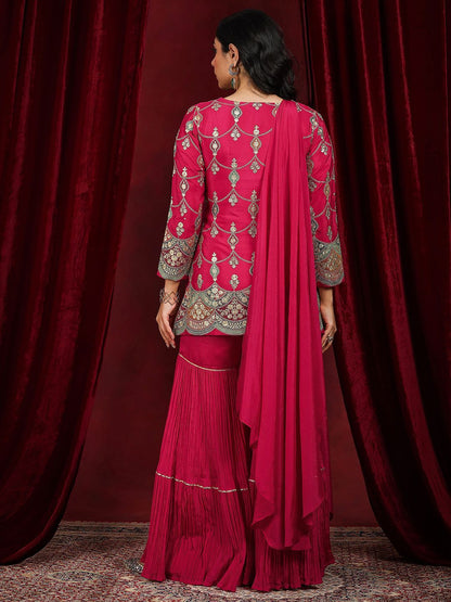 Dhiyona LL Floral Embroidered Notch Neck Zari Straight Kurti With Sharara And Dupatta