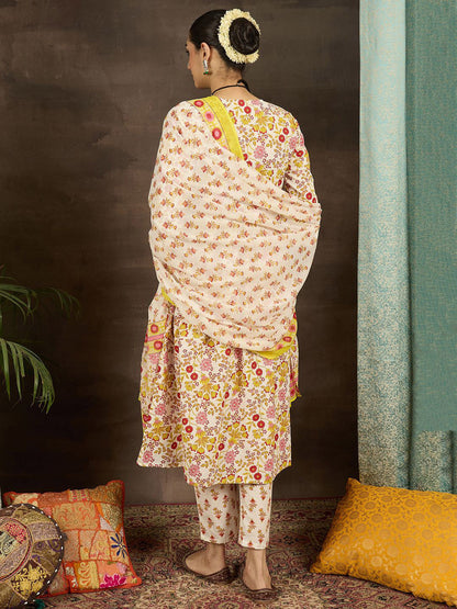 Women Floral Printed Pleated Pure Cotton Kurta with Trousers & With Dupatta