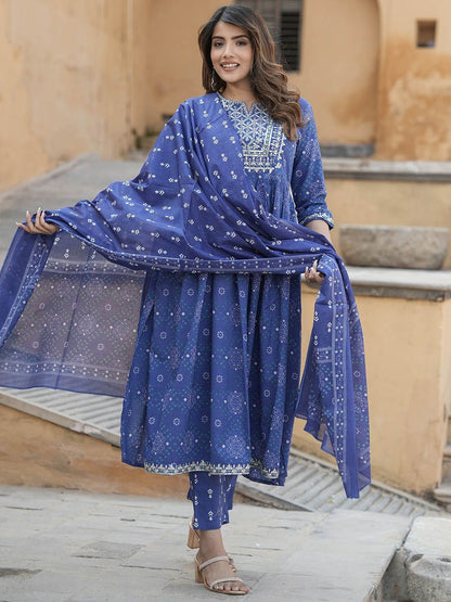 Dhiyona KL Notch Neck Bandhani Embroidered Regular Thread Work Pure Cotton Kurta Set
