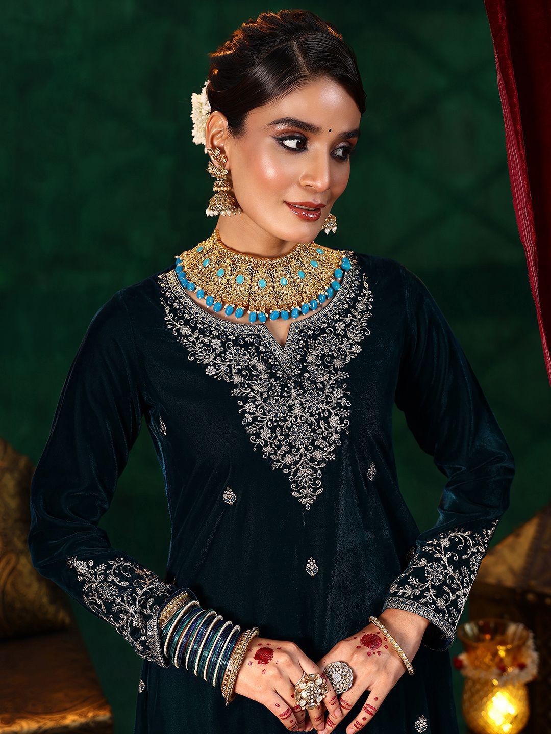 Dhiyona LL Floral Embroidered Straight Sequinned Velvet Kurta with Palazzos & Dupatta