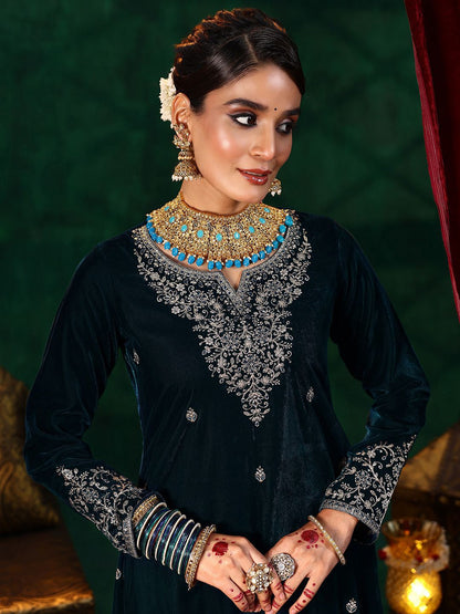 Dhiyona LL Floral Embroidered Straight Sequinned Velvet Kurta with Palazzos & Dupatta