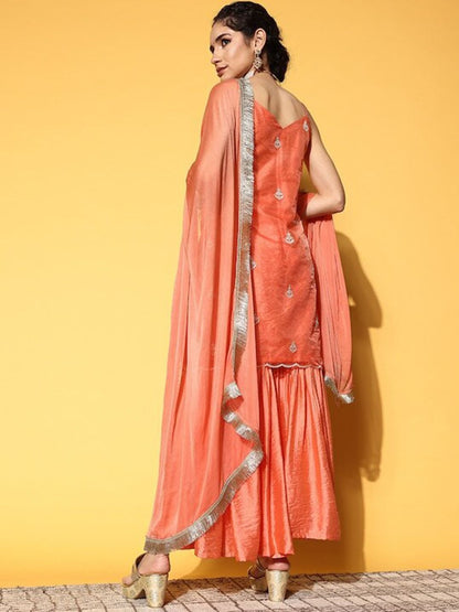 Dhiyona VA Ethnic Motifs Embroidered Thread Work Kurta with Sharara & Dupatta