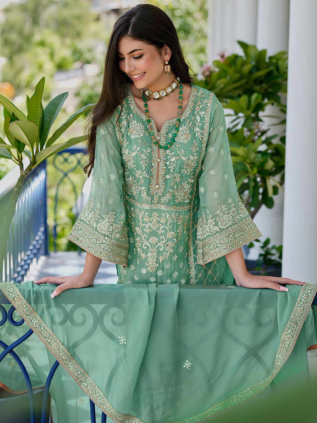 Zari Ethnic Motifs Embroidered Notch Neck Straight Republic Day Kurta With Trousers & Dupatta